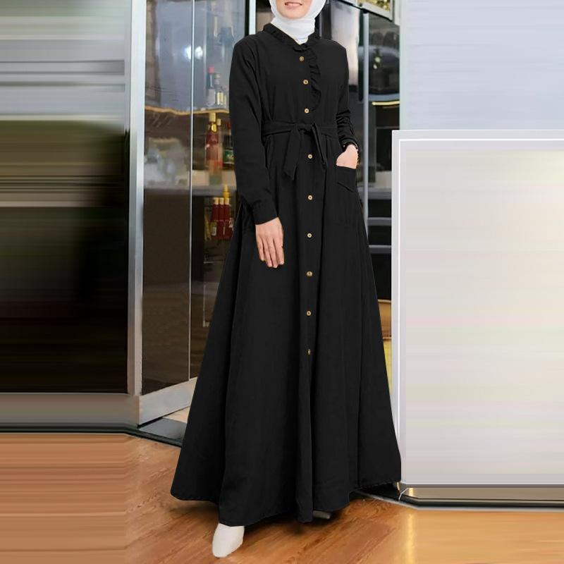 Waist-Tight Solid Color Dress Women's Muslim Arab Lace Stand Collar Long Sleeve Tied Pocket Dress 0