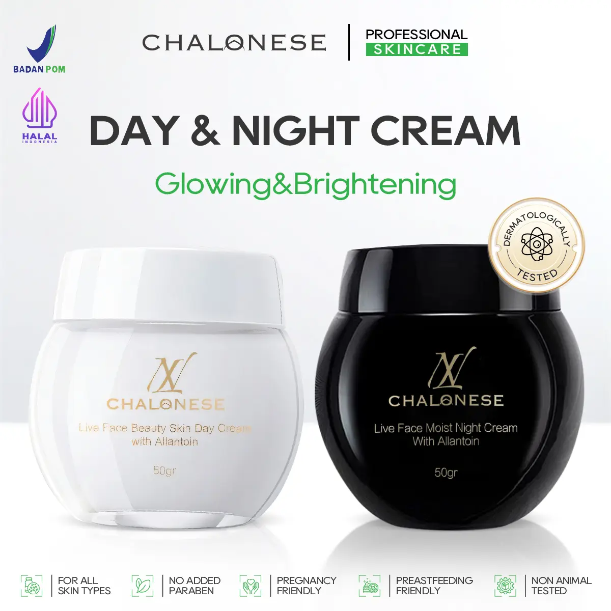 Chalonese Day&Night Cream Glowing&Brightening | BPOM & Halal | 10% Niacinamide&Pro-Xylane | BIG CAPACITY 50G | Cocok untuk Kulit Sensitif & Wajah Kering Acid Facial Hitam Muka Pelembab Perawatan Pencerah