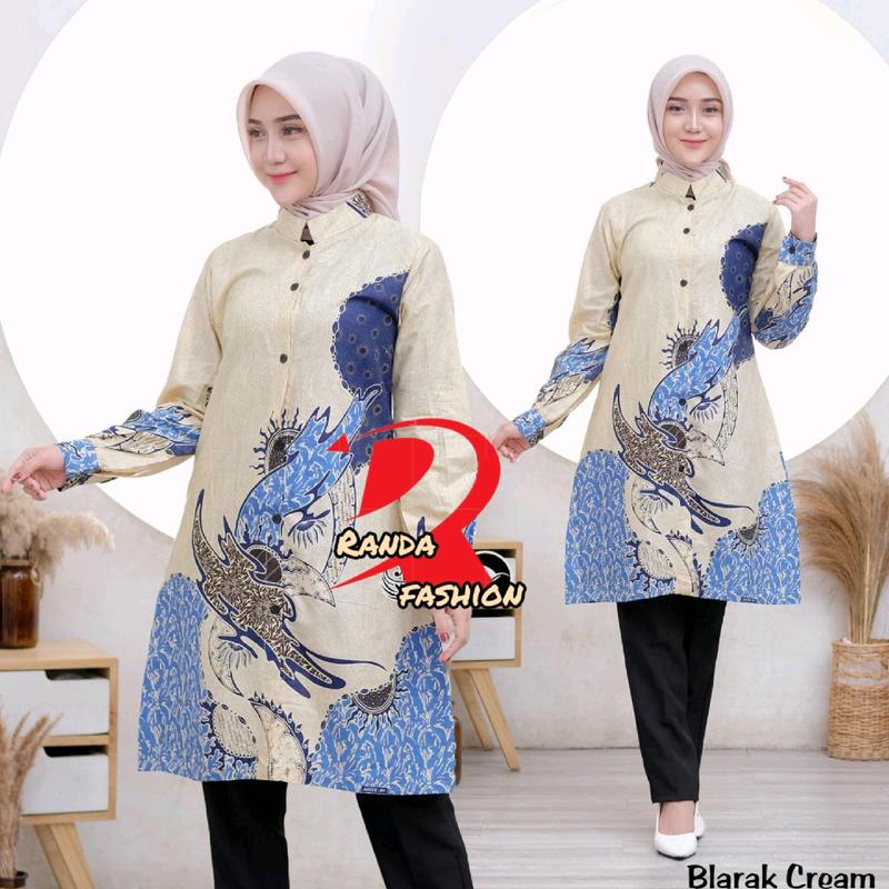 Tunik batik modern Tunik wanita motif Tarbaru seragam guru wanita baju atasan tunik kancing depan busui friendly Katun Panjang Dewasa Remaja Kain Kerja Dress Muslim 1