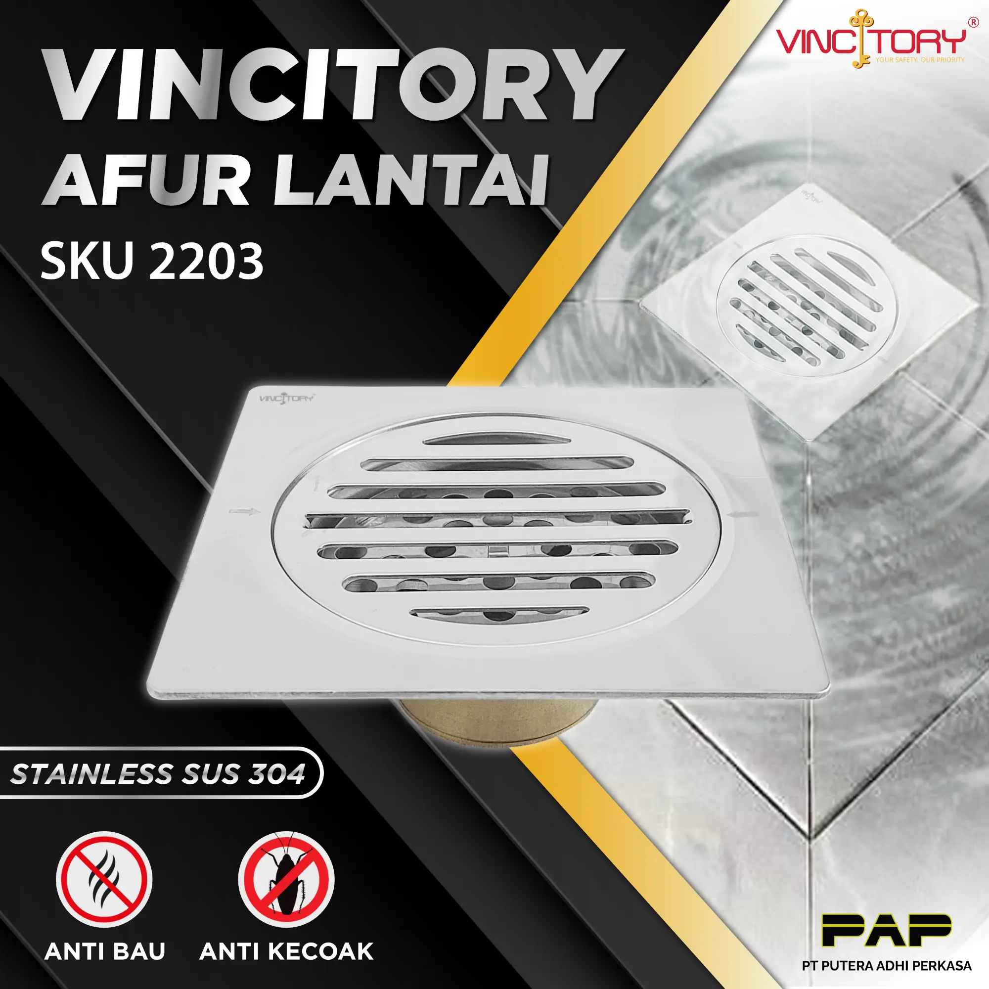 Afur Lantai Kamar Mandi Stainless Model HIDING KERAMIK Elegant Minimalis | FLOOR Drain Minimalis Stainless Timbun Keramik | 2205