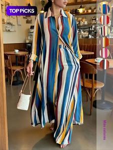 Conjunto de dos piezas para mujer de talla grande con estampado de rayas por todas partes, blusa larga y pantalones de pierna ancha, camisa de manga larga y pantalones informales con botones para vacaciones, ropa de talla grande para mujer