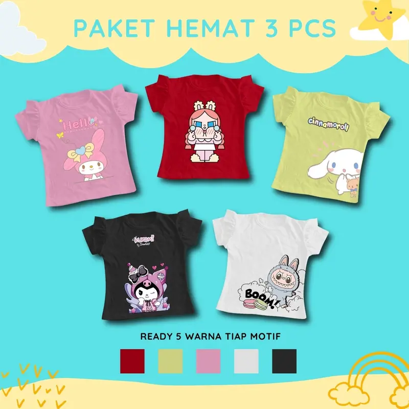 Junior kids Paket 3 PCS Atasan Anak Perempuan Kaos Lengan Rufle Model Akela Kids Bahan Cotton Premium 30s Fashion 7th - 10th - Gambar Lucu & Menarik 0