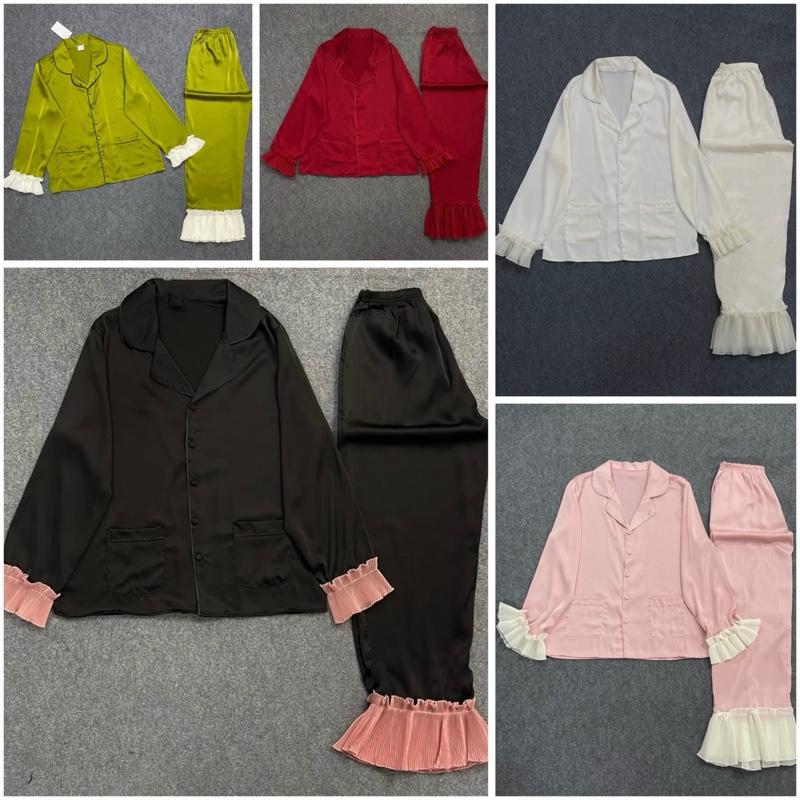 Bộ Pijama Lụa Latin- Tiểu Thư Tay Áo Xếp Ly Màu Trơn Cực Xinh,Quần Suông Dài Có Túi,Cúc Bọc(40-60kg),Nữ Women Nhung
