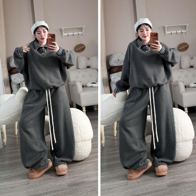 Mở bán Sét bộ áo nỉ phối cổ polo kẻ kèm quần suông dài màu xám chì cho nữ freesize form rộng mặc thu đông ấm áp