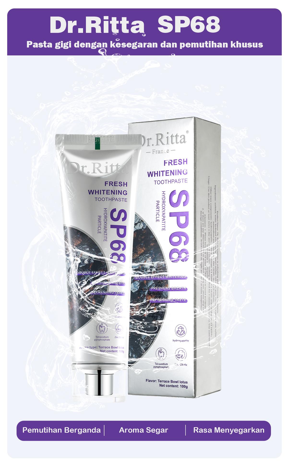 Dr.Ritta Pasta Gigi Pemutih SP68 100g, 20 Kali Lipat Gigi Putih, Bebas Noda Kuning, Napas Segar, Gigi Sensitif, Hidroksiapatit, Tetrasodium Pyrofosfat, Zink Sitrat