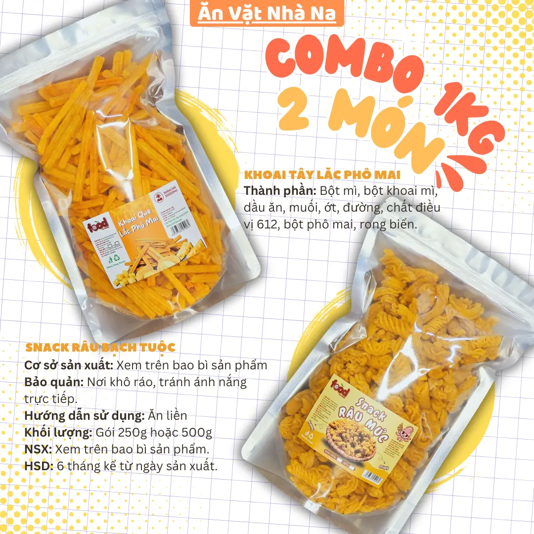 COMBO 2 VỊ SNACK GIÒN RỤM [2BỊCH MỖI BỊCH 250g] - SNACK ĂN VẶT NHÀ NA - KHOAI TÂY LẮC PHÔ MAI & RÂU BẠCH TUỘC - ĐÓNG GÓI TIỆN LỢI - THÀNH PHẦN AN TOÀN - ĐẠT CHUẨN SỨC KHỎE