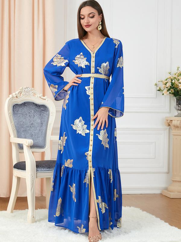 Baju Raya Middle East Dubai Muslim women's clothing with belt abaya fashion high-end hot stamping dress 2