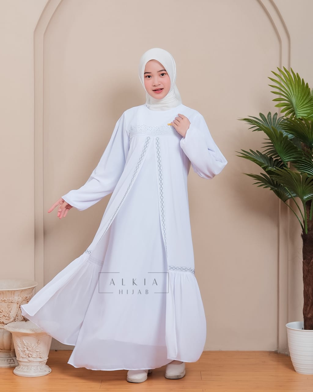 Gamis Abaya Anak Remaja Tanggung Usia 10-11-12-13-14 Tahun Ghania Maxy Bahan Ceruty Babydol Baju Dress Muslim Putih