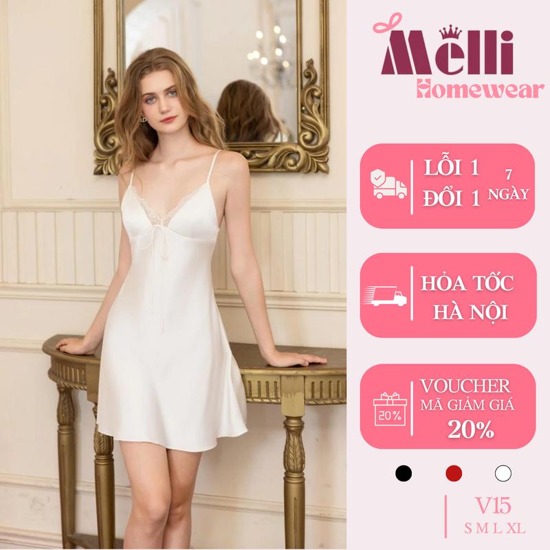 V15 Váy ngủ lụa cao cấp 2 dây phối ren có mút ngực dáng xòe mềm mại quyến rũ size S-XL phù hợp 40-70kg