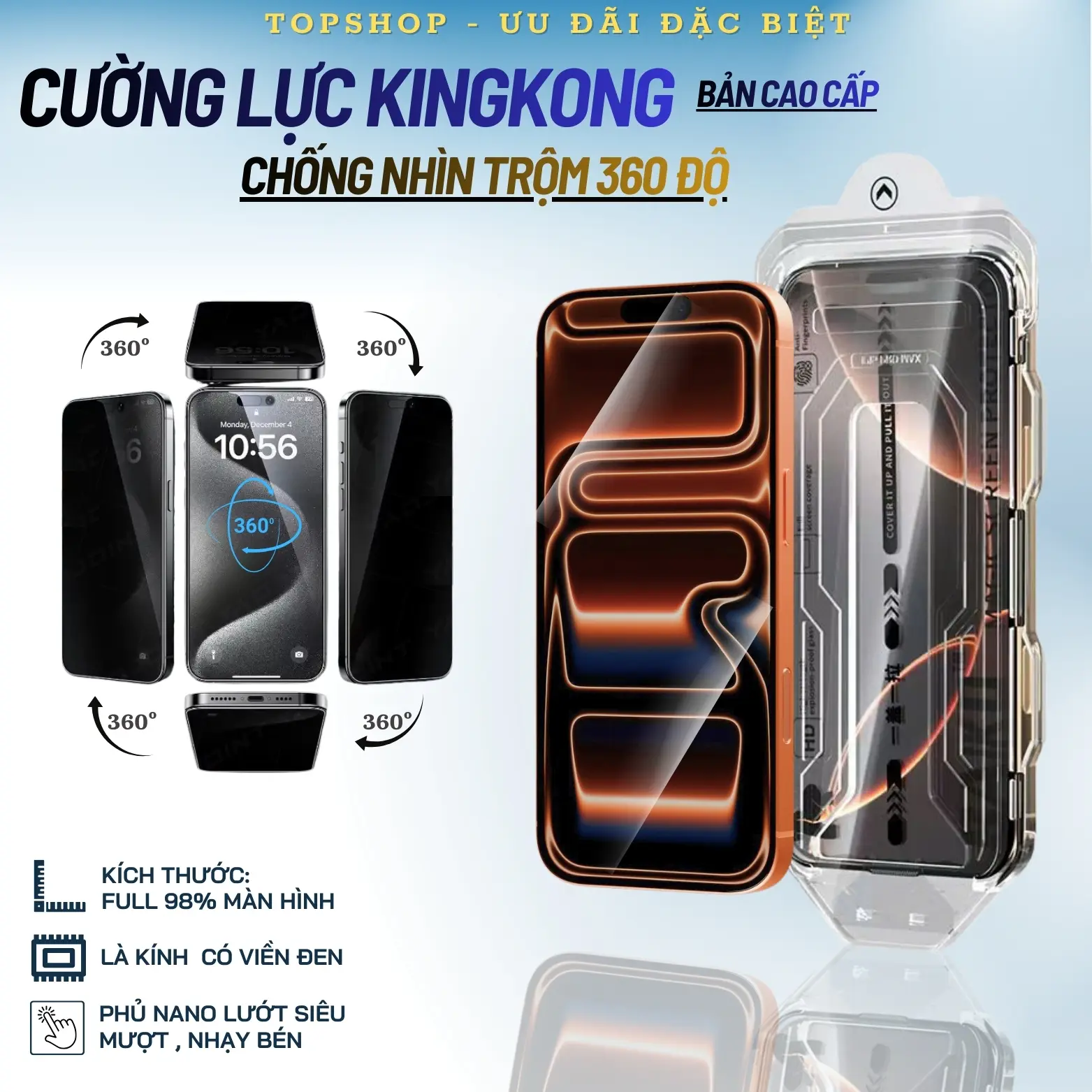Cường Lực Tự Dán Rút Lấy Bụi - Chống Nhìn Trộm 4 Chiều 360 Độ  - KingKong Baiko Full Màn - Độ Cứng 9H - Full Nano Trên Bề Mặt Trơn Mượt - Dành Cho Tất Cả Các Dòng iPhone 17 16 15 14 13 12 11 Pro Promax Plus