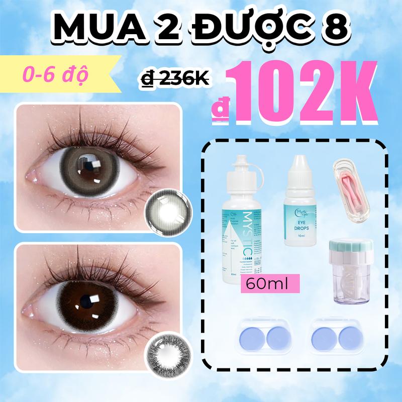 Mua 2 được 8 0-6 độ MYSTIC EYES Kính áp tròng 2 cặp lens 14.0mm-14.5mm + 2 khay đựng lens + 1 lọ nước ngâm lens 60ml + 1 lọ nước nhỏ mắt 10ml + 1 dụng cụ rửa lens + 1 set dụng cụ đeo lens lens cứng