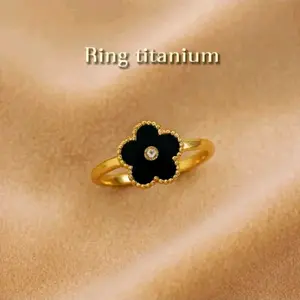 Cincin Titanium Size Bunga Hitam Segilima Permata Cantik Elegan Wanita Rings