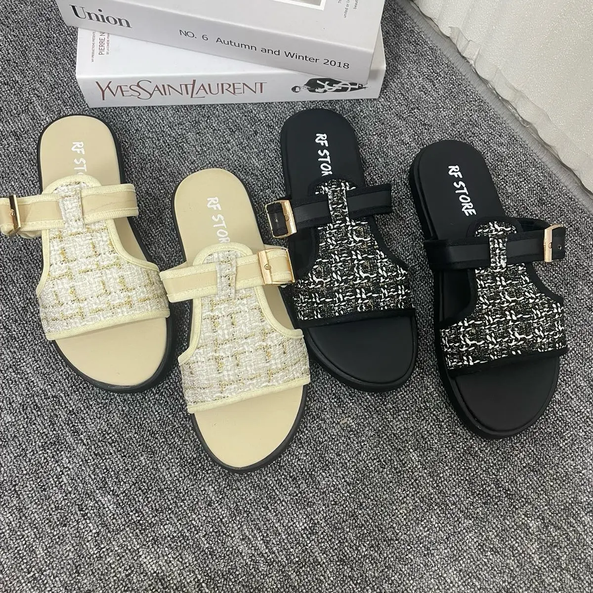Platform Wanita Gesper Motif Rajut Terbaru Trendy Flat Shoes Hitam