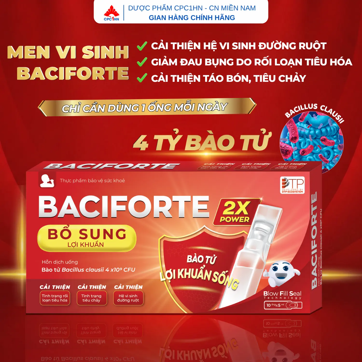 Men Vi Sinh Baciforte - Bacillus Clausii  Hỗ Trợ Hệ Tiêu Hóa, Giảm Táo Bón, Tiêu Chảy, Giúp Bé Hấp Thu Tốt, Ăn Ngon(Hộp 10 Ống)
