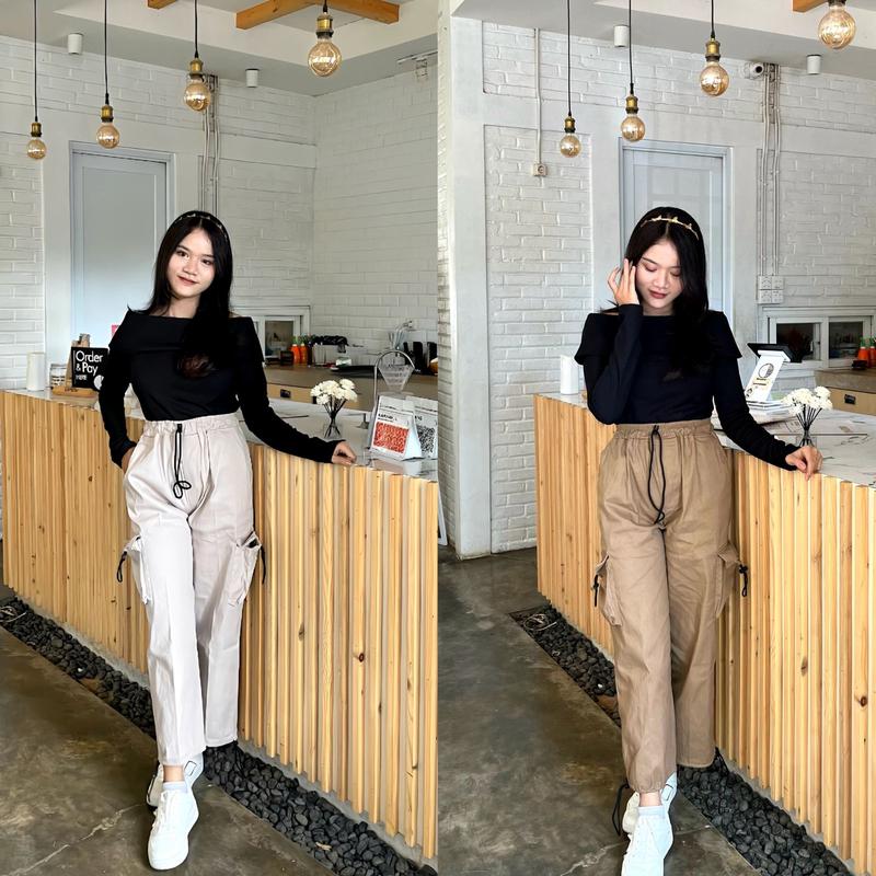 Erona_id - Celana Panjang Kiya & Rora Cargo Drill Wanita Dewasa Skena Outfit dengan Pinggang Karet dan Band Ikat Model Casual Kekinian Berbahan Drill - 5 Varian Warna Hits Terkini dan 4 Pouch/Kantong 1