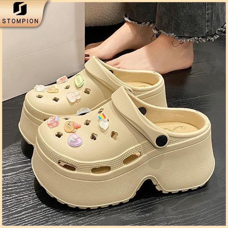 STOMPION Dép Lỗ Nữ Đế Cao Trang Trí Charm Dễ Thương Phong Cách Hàn Quốc