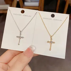 EAR PARTNER-Kalung Liontin Salib Panjang Bertahtakan Zirkon Retro Minimalis Fashion S925 - Desain Unik, Ringan, Mewah, Serbaguna, Rantai Klavikula