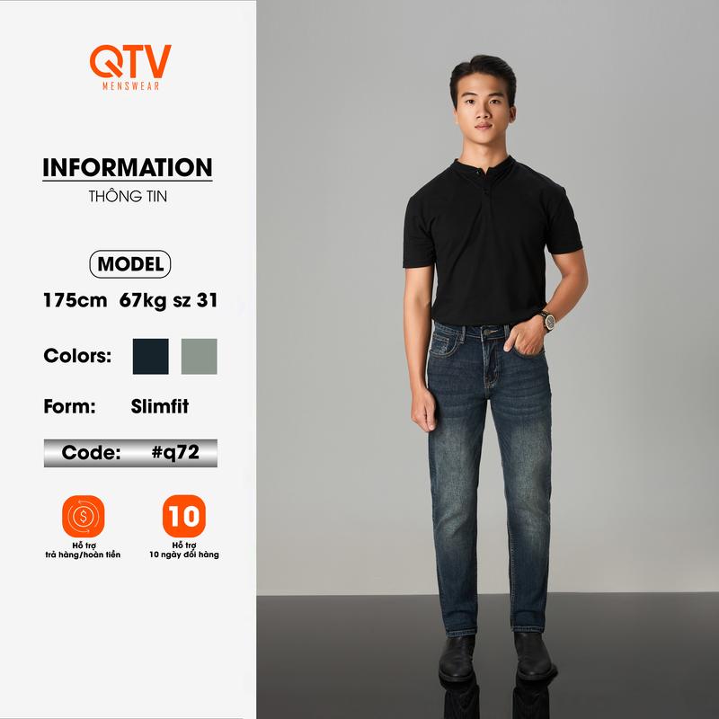 QTV2 Quần jean nam co giãn form slim fit màu xanh đen phủ rêu nhẹ_Q72 Pants Menswear Có Túi Cotton Denim