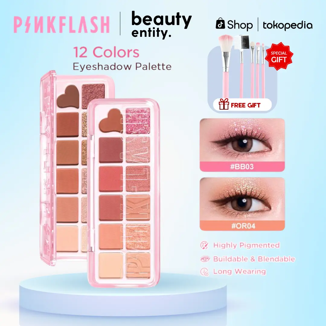 (FREE GIFT BRUSH MAKEUP) PINKFLASH High Pigmented Smooth Blendable SweetCraft Multi Texture Eyeshadow Palette 12 Shades Makeup PF-E46