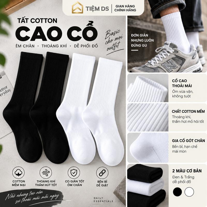 [COMBO 10] Đôi Tất Cotton Trơn Cao Cổ Nam Nữ Basic Đen Trắng, Tất Cổ Cao Mềm Thoáng Khí Co Giãn, Đi Sneaker Thể Thao Hàng Ngày
