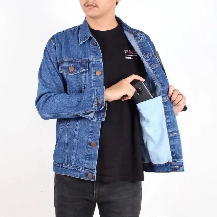 Jaket Jeans Pria Wanita Oversize Snowwash Nyaman Tebal Sandwash Denim Hitam Unisex Panjang