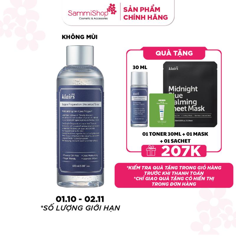 KLAIRS Supple Preparation Unscented Toner 180ml - Nước hoa hồng ( Dưỡng Ẩm Da ) LC