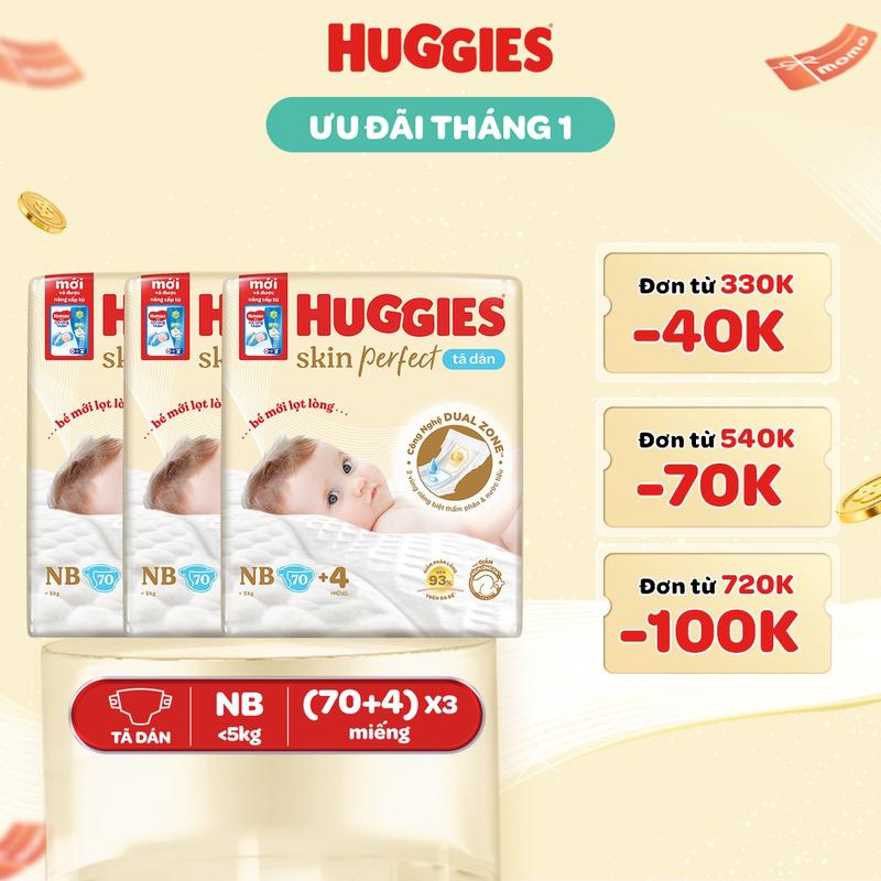 Creator Thùng 3 gói Tã bỉm dán sơ sinh Huggies Skin Perfect với 2 vùng thấm giảm kích ứng da Size NB70+4 S54+4 S80+2 M76+3 CTKM cộng miếng thay đổi theo từng đợt nhập hàng