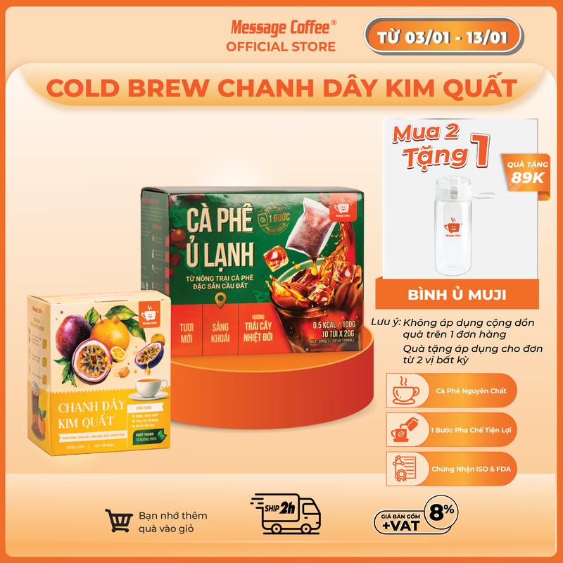  Cà phê Cold Brew túi lọc Arabica Cầu Đất mix Chanh dây kim quất theo công thức Triệu Lộ Tư – Cafe ủ lạnh tiện lợi một bước pha chế từ Message Coffee Combo 2 Hộp  10 túi cà phê x 20g 10 túi chanh dây x 12g  
