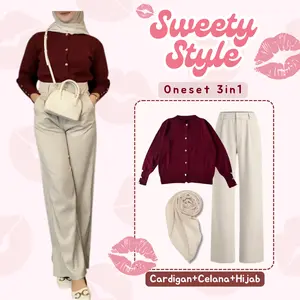 Outfit Wanita Kekinian Set OOTD Hijab ( Cardigan Rajut + Loose Pants + Jilbab Bella Square ) - LT106 Baju  Setelan Rib