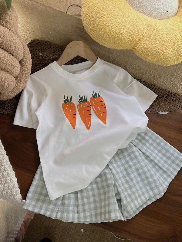 Sét Áo Thun Trắng (In Hình Xinh) Kèm Quần Đùi Caro 26C Dành Cho Bé Gái