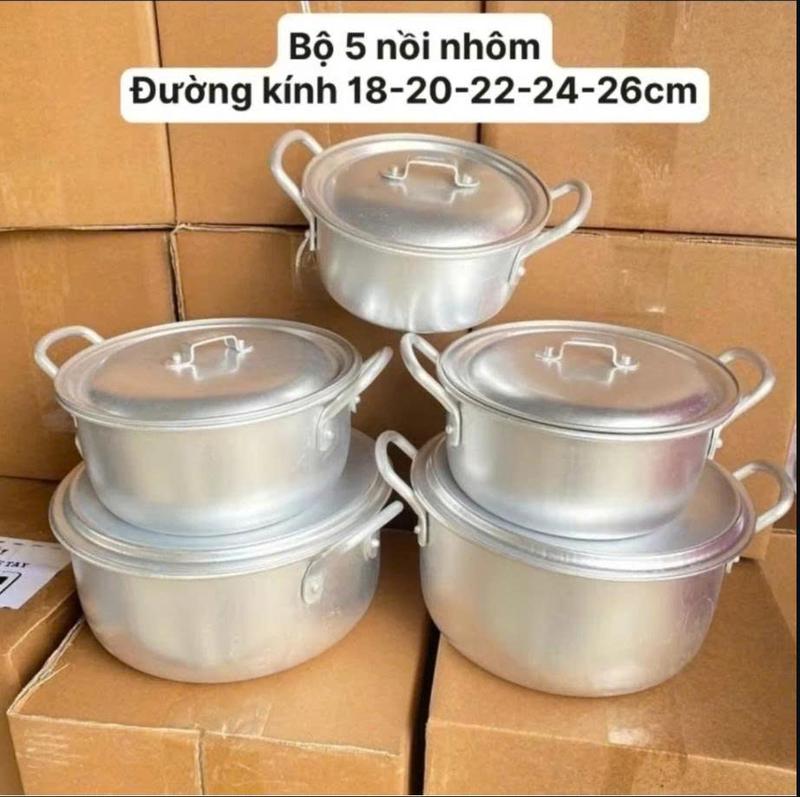 Bộ Nồi Nhôm 5 Cái - Xoong Nhôm Quốc Dân (0.5 kg - 3 kg gạo)