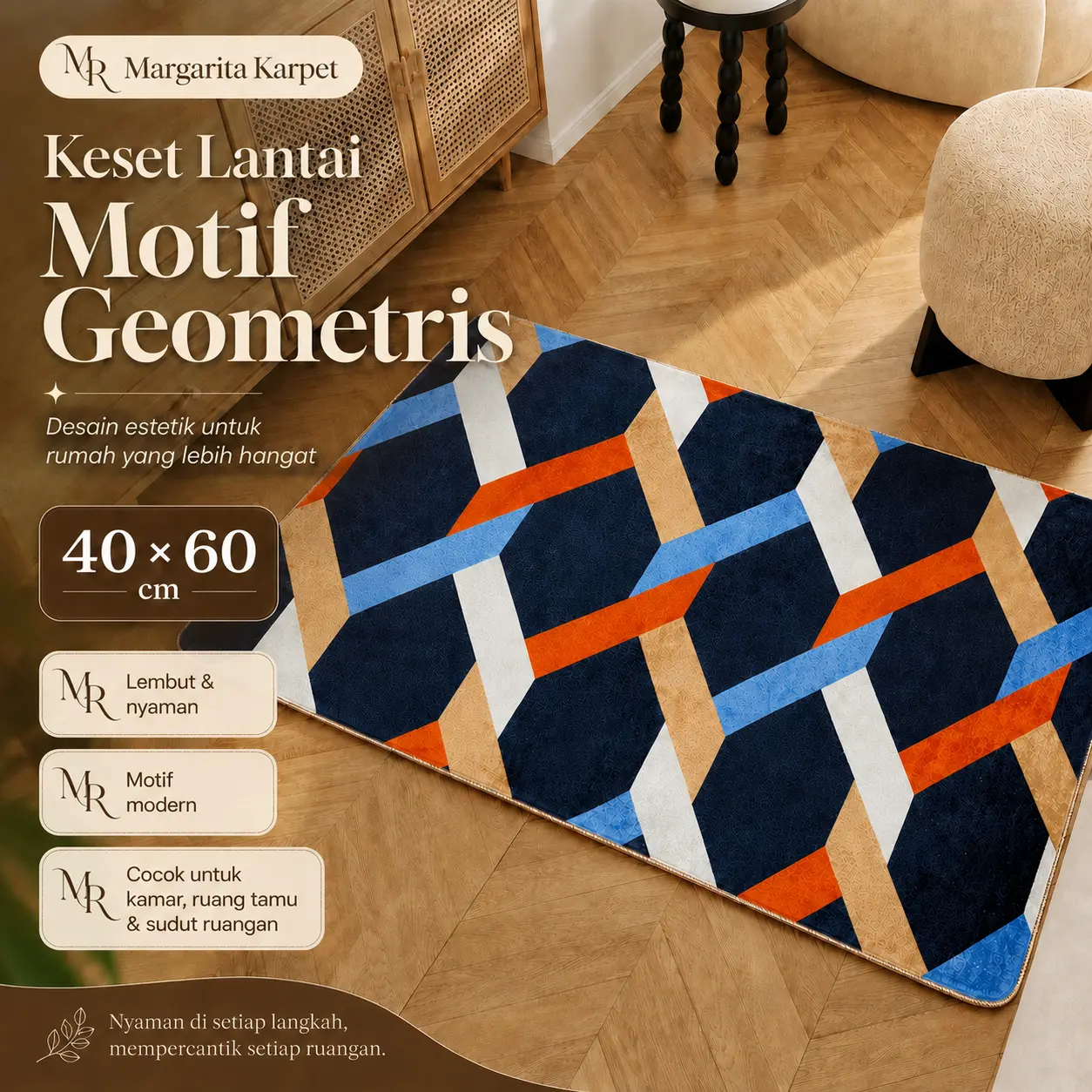 [40x60cm] Margarita Keset Lantai Motif Geometris Modern Lembut Nyaman untuk Kamar Ruang Tamu Sudut Ruangan