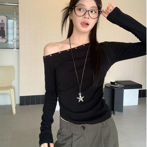 Hot off-shoulder top, black long-sleeved t-shirt for women, new autumn/winter style, slim-fitting and sexy short style, unique and beautiful base layer top 3311 Womenswear Longsleeve Basic Casual Skinny Minimalist