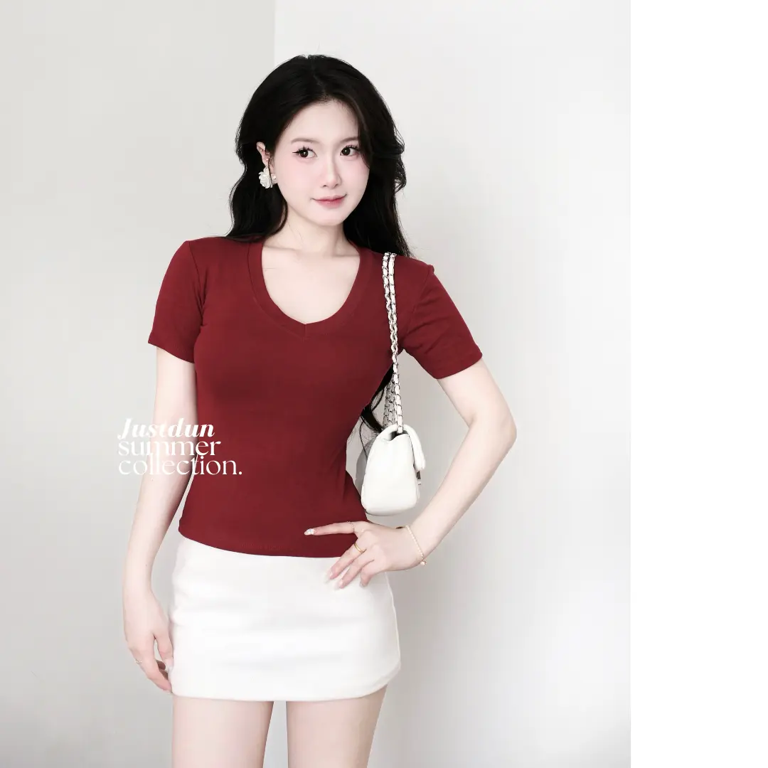 Áo Thun Nữ Basic Cổ Tim Trơn JUSTDUN A2 – Chất Cotton Lông Mịn Cao Cấp, Co Giãn 4 Chiều | BigBuy360 - bigbuy360.vn