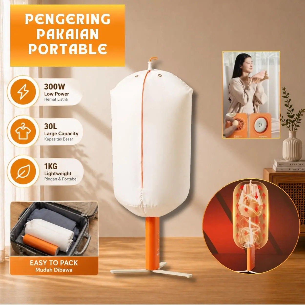 Mesin Pengering Pakaian Mini Lipat 300W Pemanas Otomatis Sterilisasi Udara Panas Hotel Asrama