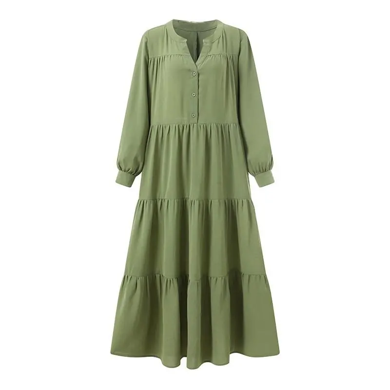 2025 Women's Long Large Hem Dress Autumn Long Sleeve V-neck Flounced Skirt Loose Dress