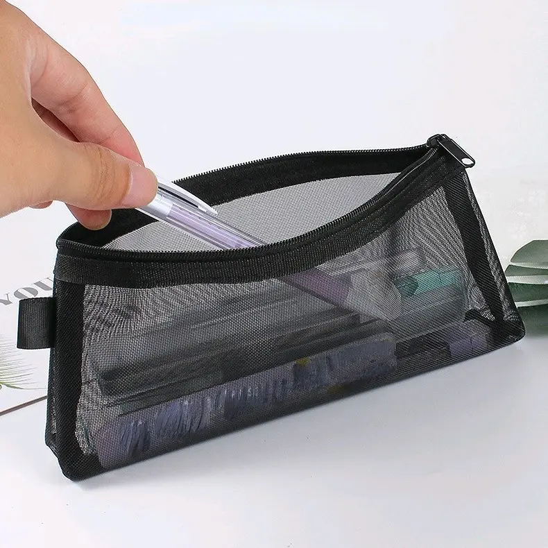 KOTAK / WADAH RIAS HITAM TAS KUAS KOSMETIK TAS PENA JARING TRANSPARAN KAPASITAS BESAR TAS SISWA SOLID