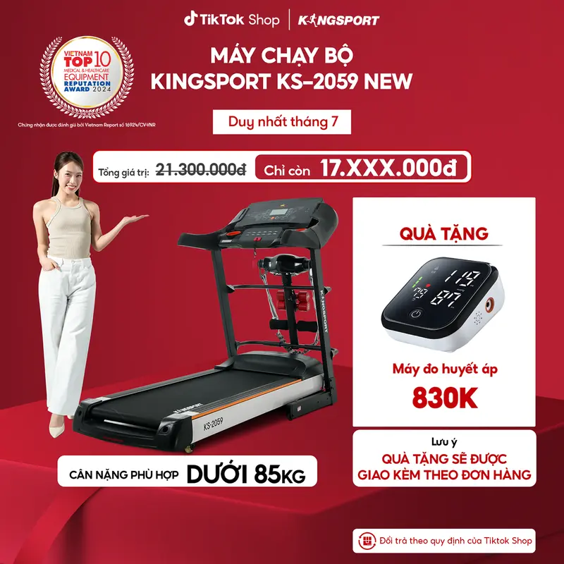 Livestream| Máy chạy bộ KINGSPORT KS-2059 New nâng dốc tự động 18%, tốc độ tối đa 18km/h, kèm đai massage và thanh gập bụng 0