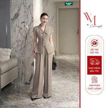 YM Concept Set Gile Công Sở Tay Ngắn Phối Cà Vạt Kèm Quần Suông Sang Trọng Tối Giản Công Sở Đi Tiệc D1095