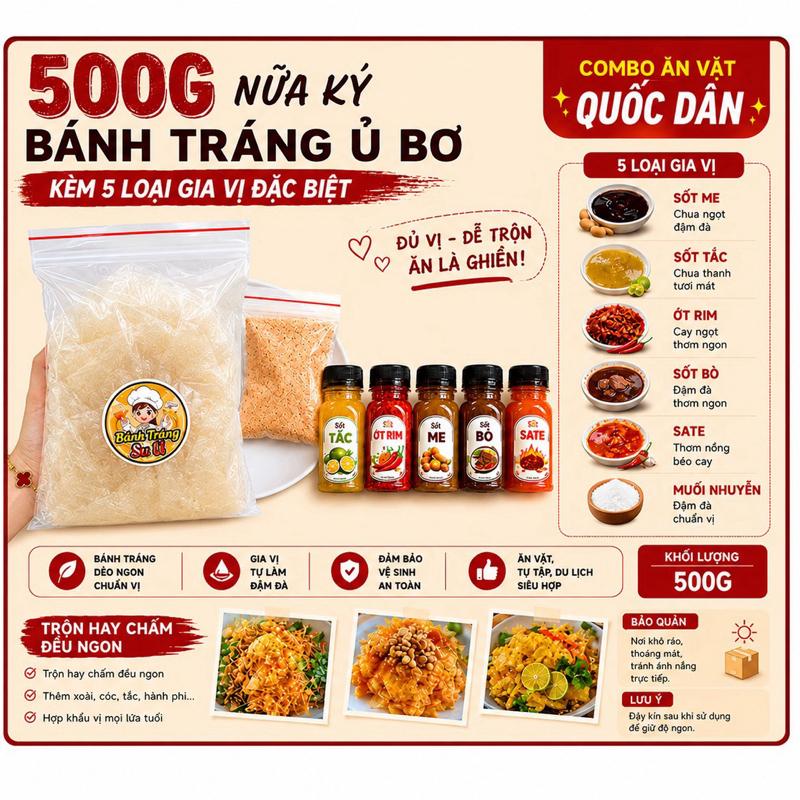 500g Bánh tráng Phơi sương ủ Bơ tặng muỗi nhuyễn siêu cay