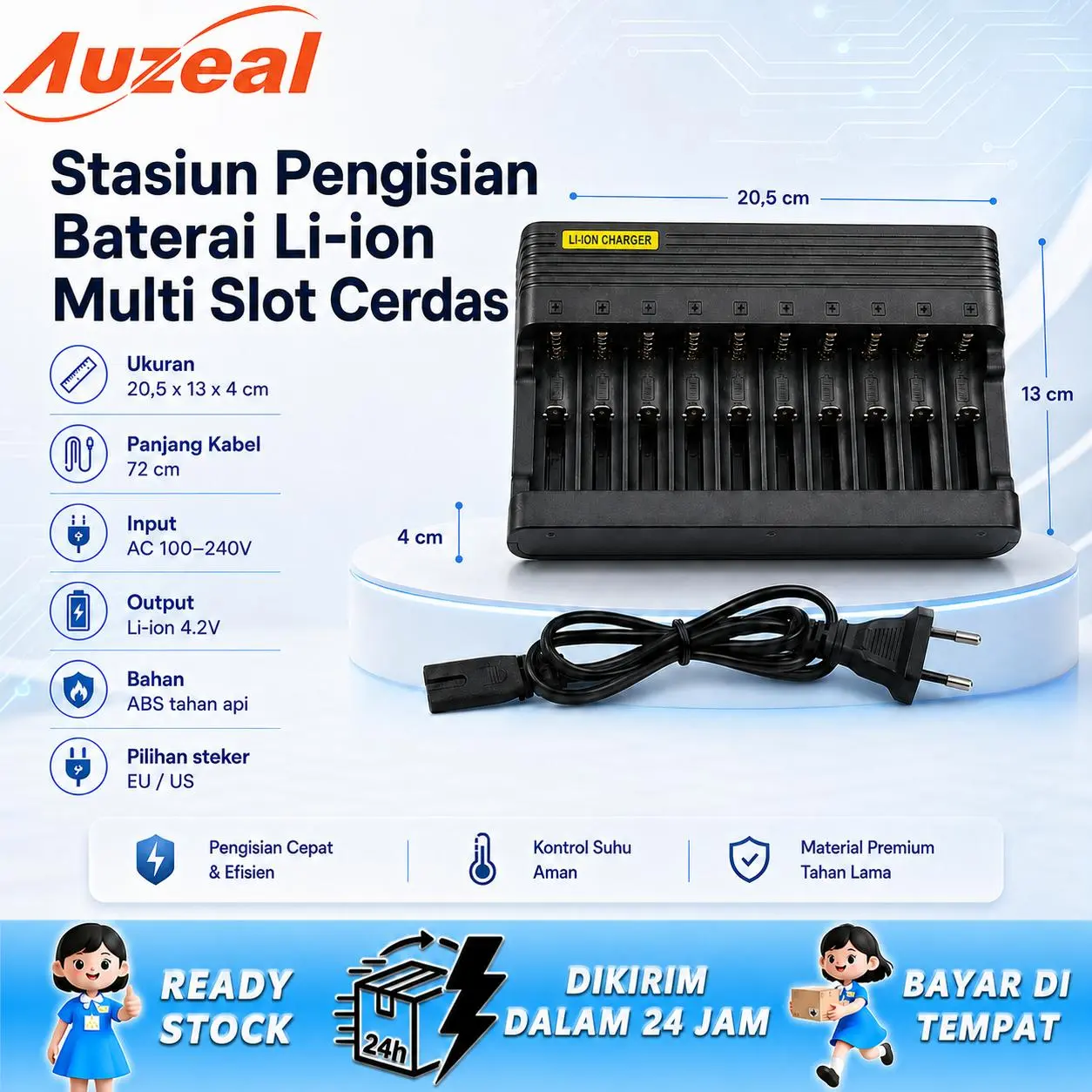 Auzeal Fast Charging Smart Charger 10 Slot Universal Li-ion Dual Input USB AC Mudah Dibawa Travel Liburan Luar Kota Tanpa Adaptor Tambahan