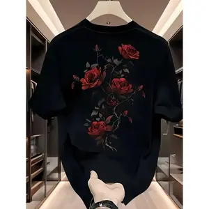T-Shirt Kasual Lengan Pendek Lelaki, PercetakanBunga Mawar Merah Fesyen -Top Musim PanasBernafas Ringan, Sesuai untuk Pakaian Kasual(B-100)
