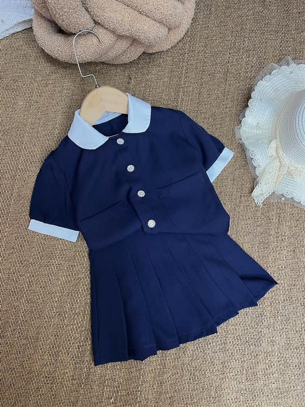 Set Áo Sơ Mi Xanh Đen Cổ Trắng (2 Túi) Kèm Chân Váy Xếp Li Xanh Đen 37V Dành Cho Bé Gái