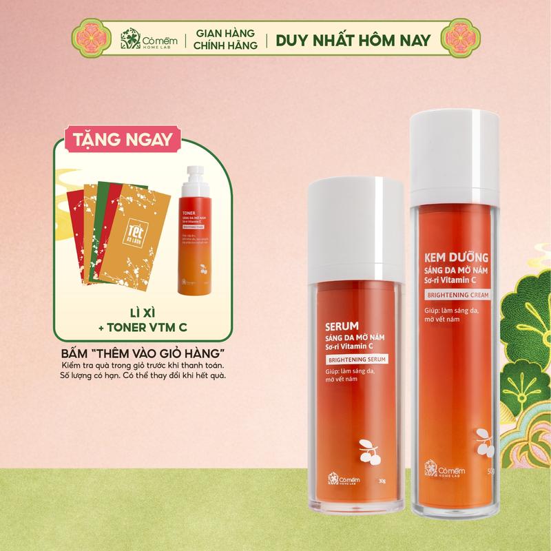  Bộ Đôi Serum Và Kem Dưỡng  Vitamin C chiết xuất Sơ-ri  Giúp Dưỡng Sáng Da Mờ Thâm Nám Tàn Nhang Cỏ Mềm 