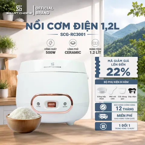 Nồi Cơm Điện SmartChoice SCG-RC3001 1.2L Lòng Nồi Chống Dính Phủ Ceramic, BH 12 Tháng Chính Hãng