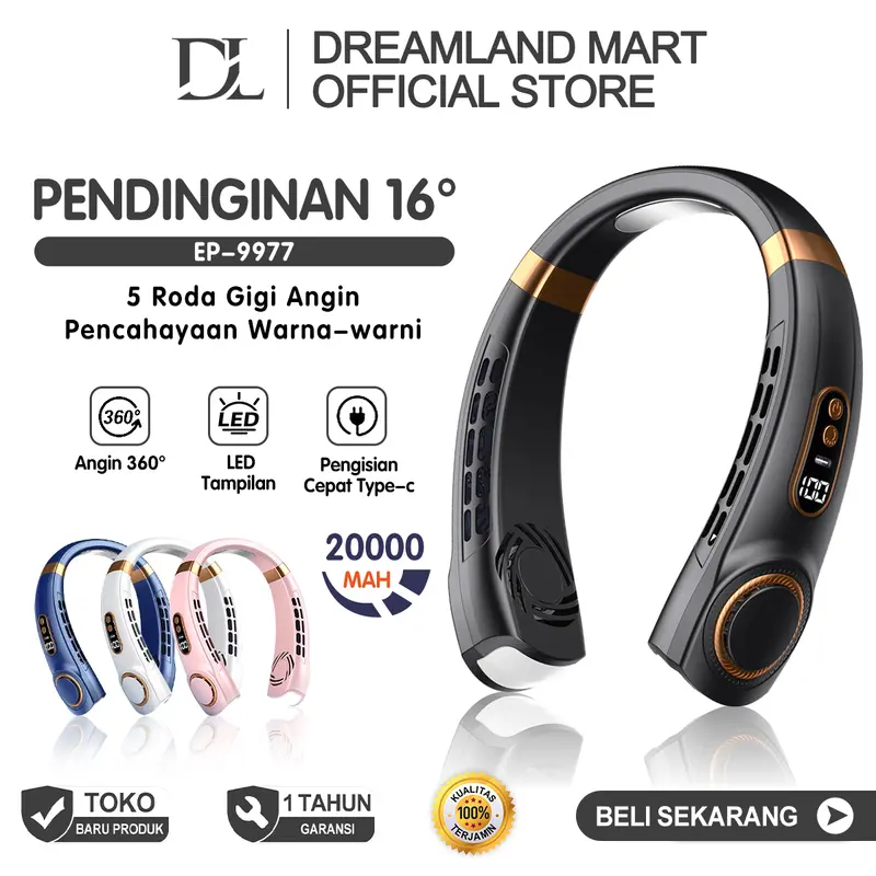 2024 Kipas Angin Gantung Leher Portable USB 20000mAh 5-Speed Wind Tanpa Baling Baling Neck Fan 0