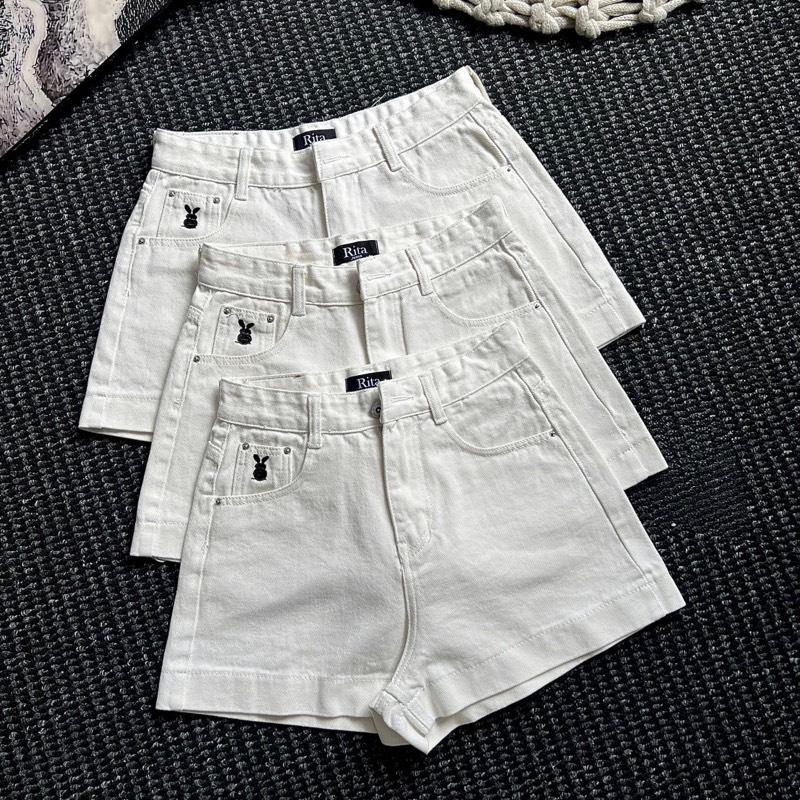 RITA JEAN A59 Quần short jean kaki nữ lưng cao không giãn thêu thỏ lai cuốn