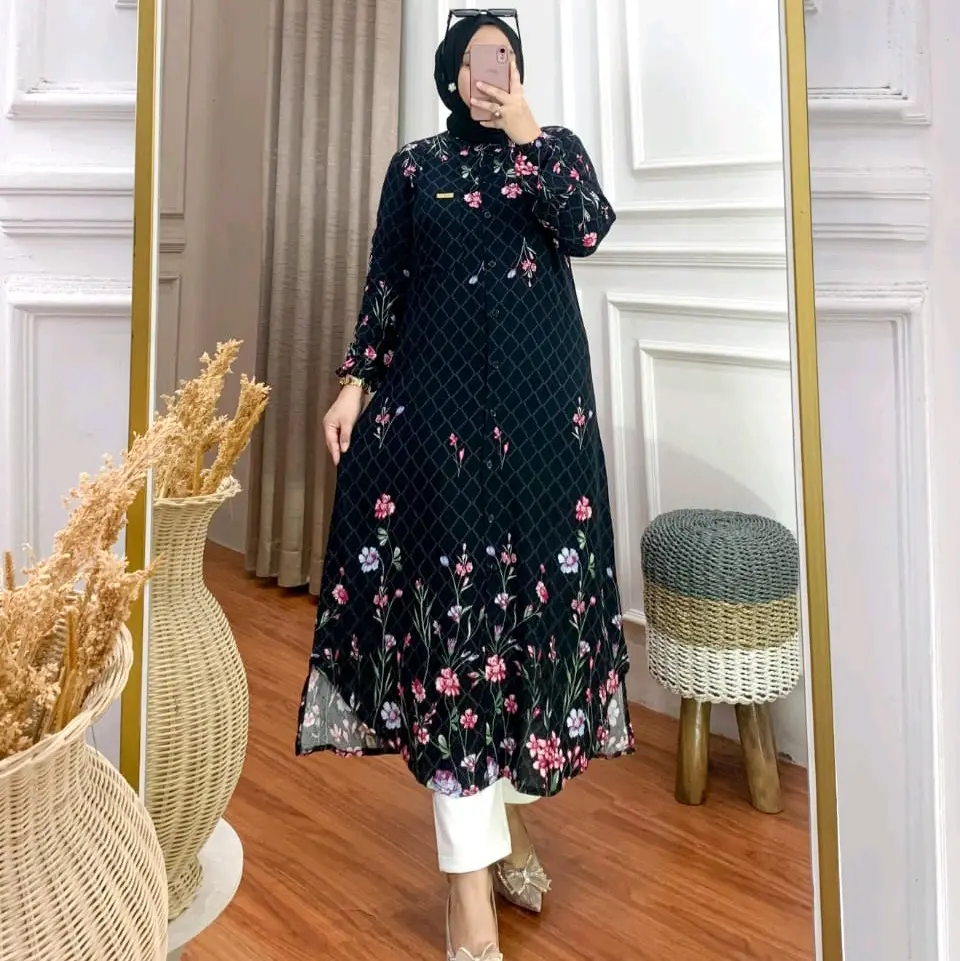 kamila Long tunik Rayon Tunik Motif Murah OOTD Muslimah Kancing Panjang