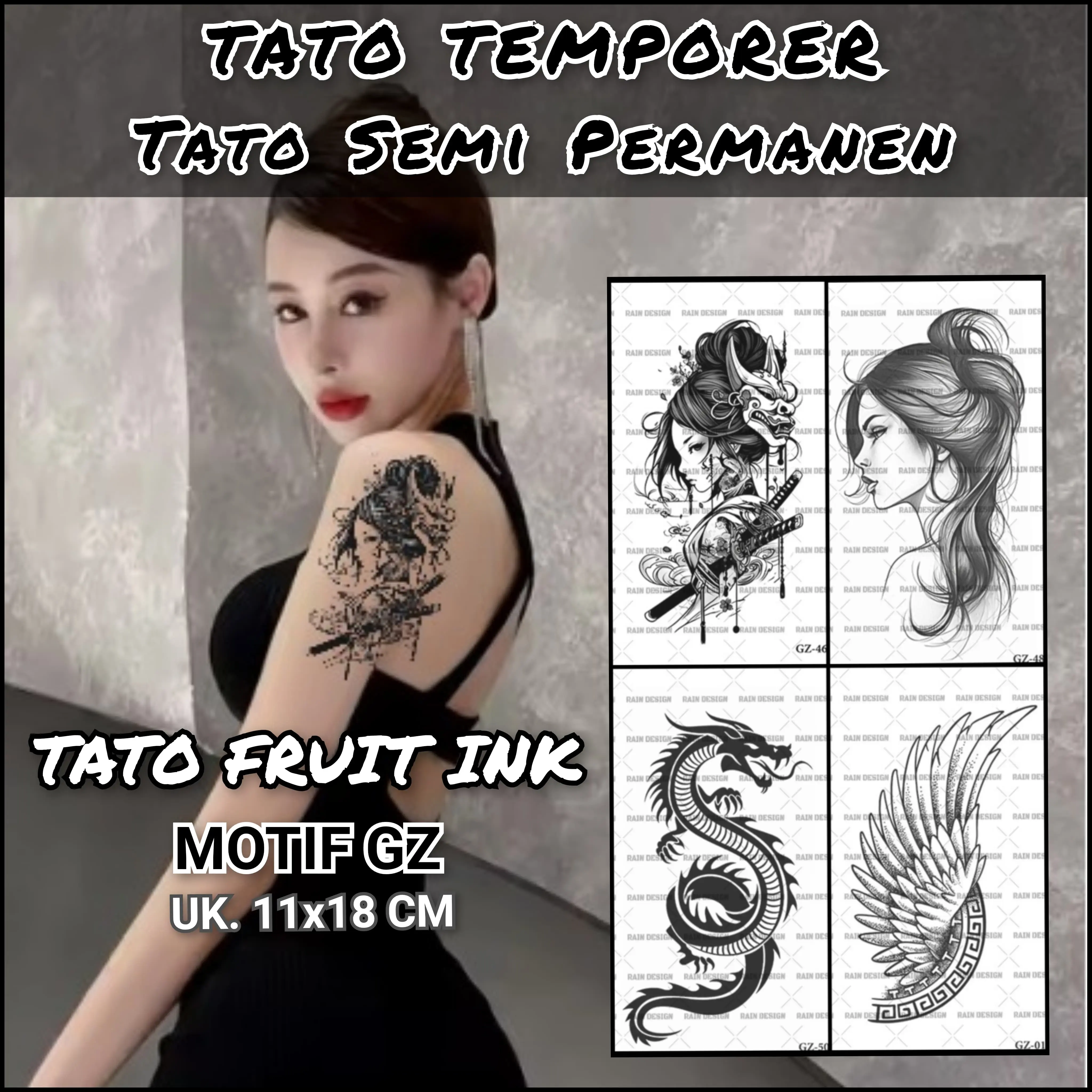 BERTATO-Stiker tato temporer semi permanen anti air 11x18 GZ 01-50 / Tato temporer anti air seri GZ / Stiker Tato GZ 01-84 Temporary Tatto
