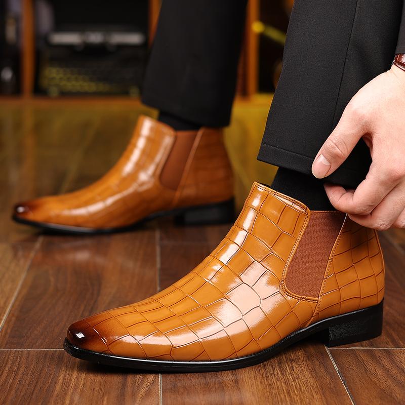 Product Introduction of Chelsea boots for men pointy vintage Doc Martens for men Crocodile print for men over ankle boots and cashmere winter fashion boots 1